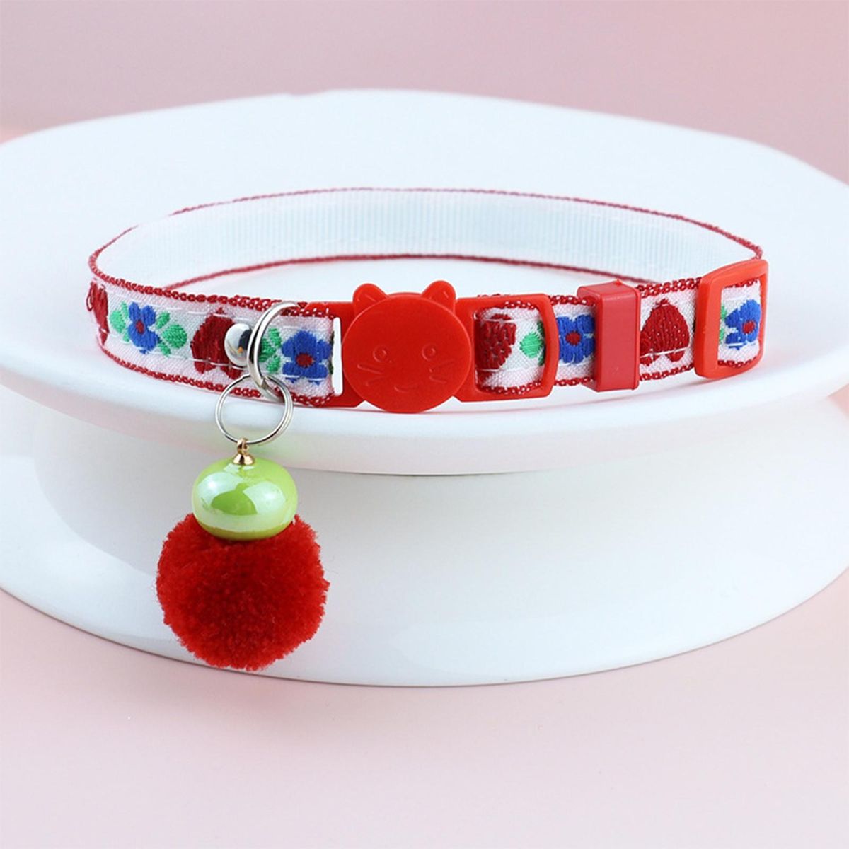 Cat Neck Strap Colorful Pattern Puppy Cat Necklace with Fur Ball Red