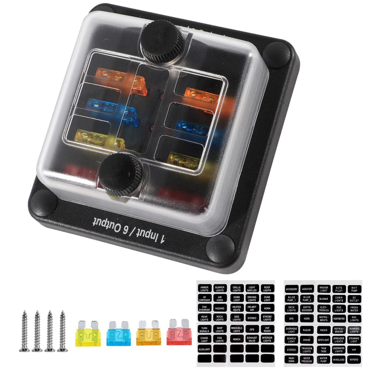 6 Way Fuse Block Box W/Negative Bus, Updated Automotive Blade Fuse Block Holder with LED Indicator Thumbscrew Protection Cover Label Sticker for DC 12-32V Auto Car Marine RV Boat