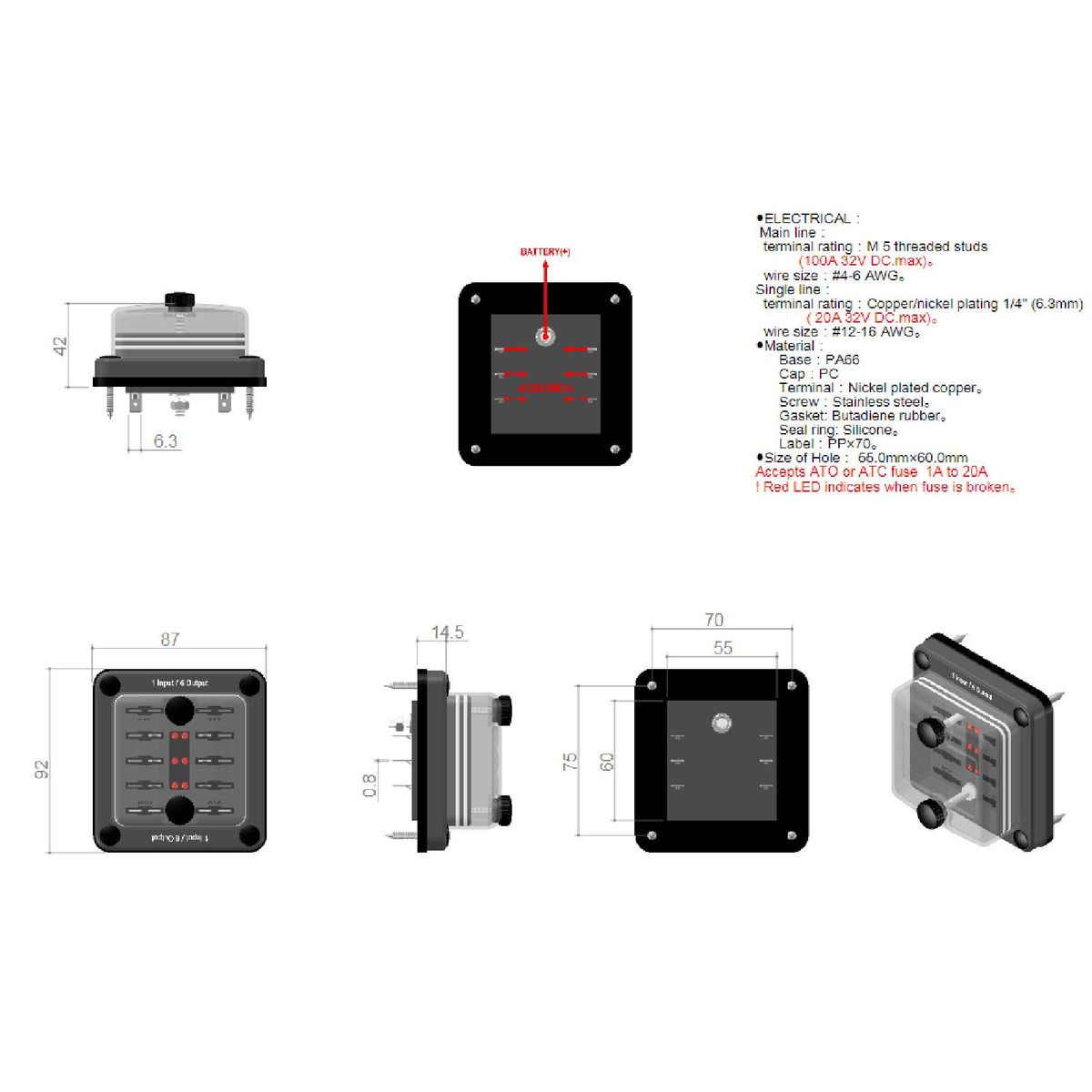 6 Way Fuse Block Box W/Negative Bus, Updated Automotive Blade Fuse Block Holder with LED Indicator Thumbscrew Protection Cover Label Sticker for DC 12-32V Auto Car Marine RV Boat