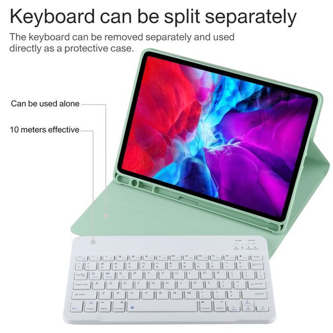 TG11B Detachable Bluetooth White Keyboard + Microfiber Leather Protective Case For IPad Pro 11 Inch (2020), With Pen Slot & Holder (Green)