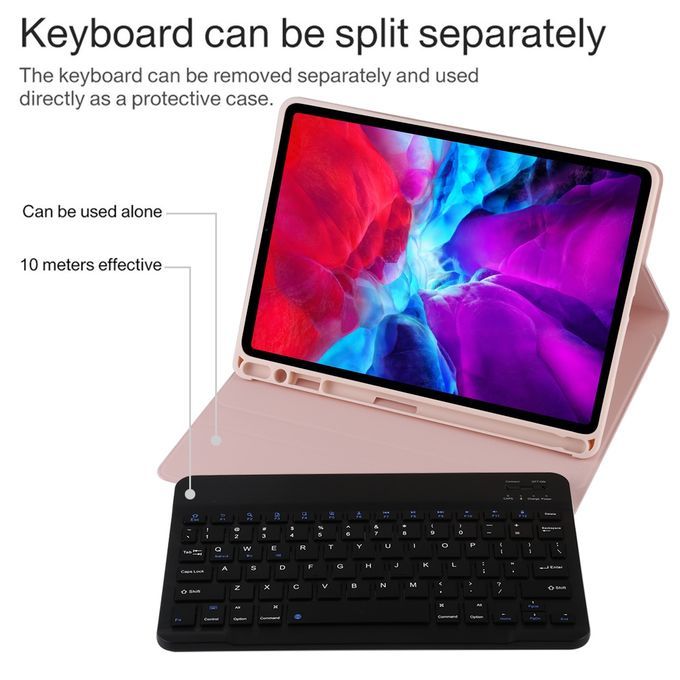 TG11B Detachable Bluetooth Black Keyboard + Microfiber Leather Protective Case For IPad Pro 11 Inch (2020), With Pen Slot & Holder (Pink)
