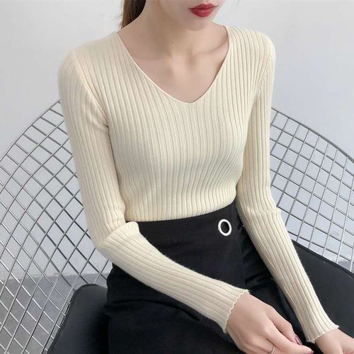 Vangull Autumn V Neck Sweater 2019 New Knitted Fashion Women Sweaters Winter Tops For Women Pullover Jumper Slim Pullovers(#Brown)