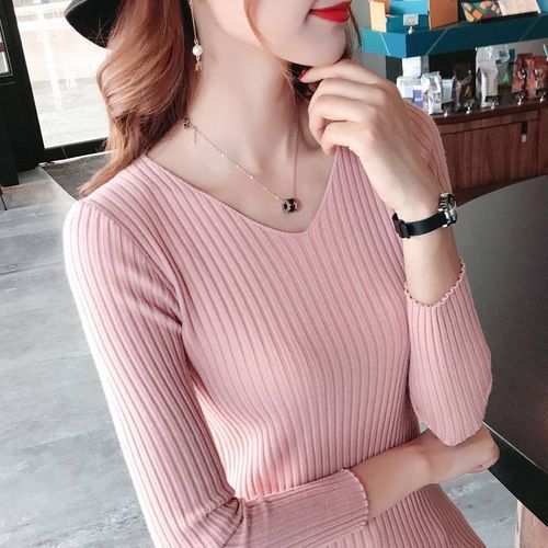 Vangull Autumn V Neck Sweater 2019 New Knitted Fashion Women Sweaters Winter Tops For Women Pullover Jumper Slim Pullovers(#Brown)