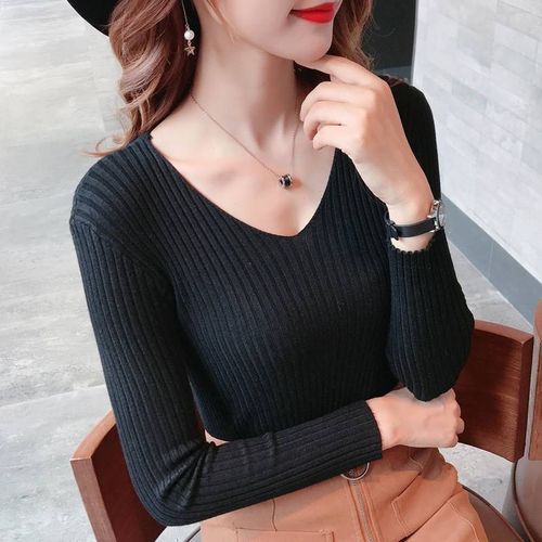 Vangull Autumn V Neck Sweater 2019 New Knitted Fashion Women Sweaters Winter Tops For Women Pullover Jumper Slim Pullovers(#Brown)