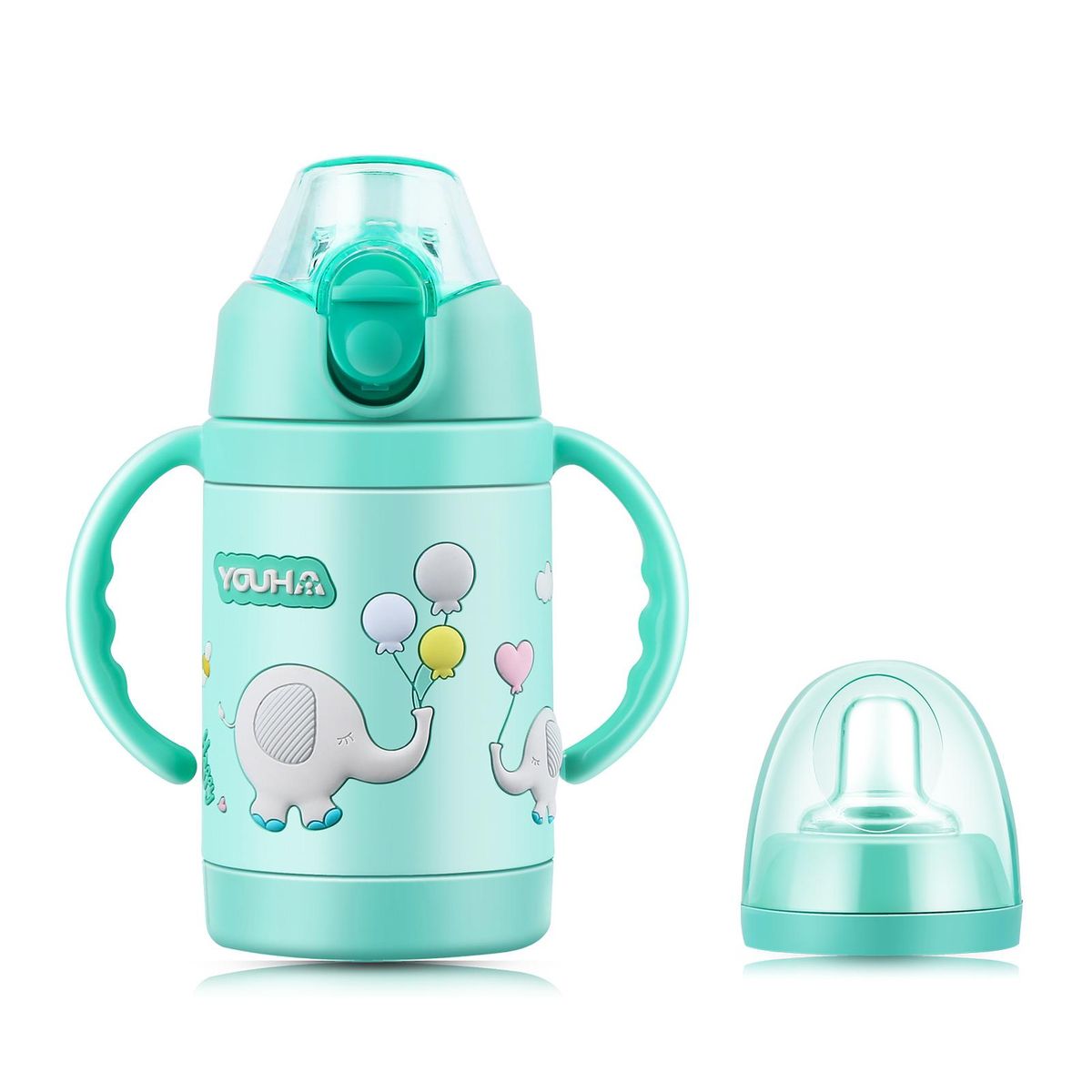 Baby Vacuum Insulated Sippy Cup YOUHA 280ml Toddlers Stainless Steel Drinking Bottle with Handle Replaceable Lids Weighted Straw Baby Sippy Tumbler Mug Vacuum Bottle