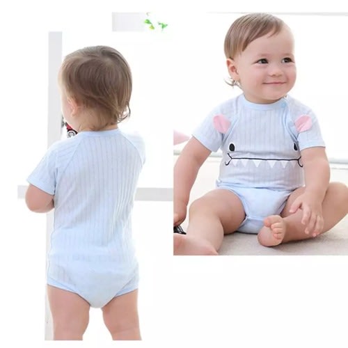 Unisex Rabbit Ears Short Sleeve Romper- Blue