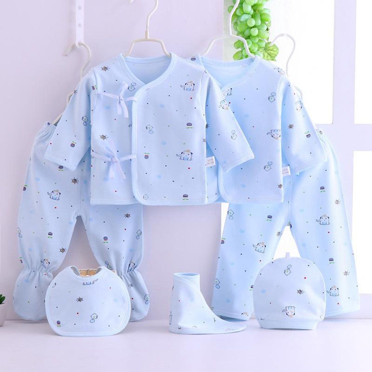 7pcs Body Suits Cotton Clothes Set & Accessories Kids Jumpsuit Blue