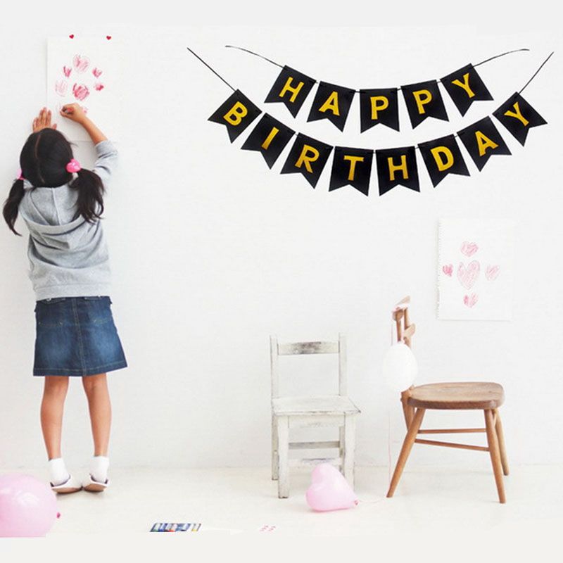 Happy Birthday Banner Leaf Alphabet Banner Garland Flags Bunting-Style A Black