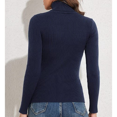 Ladies Long Sleeve Turtleneck T-shirt - Navy Blue