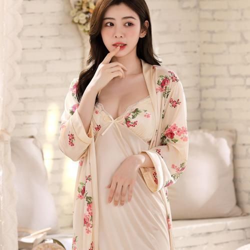 Beige Sleeping Wear Sets Women Robe Ice Silk Nightdress Pajama Set Plus Size