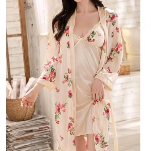Beige Sleeping Wear Sets Women Robe Ice Silk Nightdress Pajama Set Plus Size
