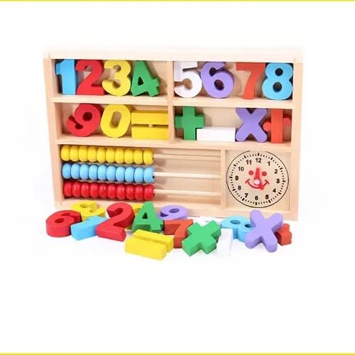 Wooden Educational Toy With Numbers - Abacus And Clock