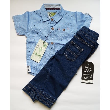 Baby Boy Set- Blue Short Sleeve Shirt +  Blue Jean