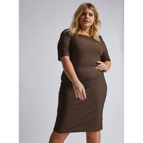 Curved Geometric Textured Bodycon Dress -brown