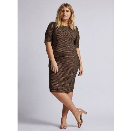 Curved Geometric Textured Bodycon Dress -brown