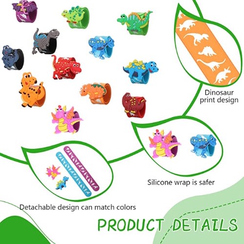 Dinosaur Silicone Slap Bracelets - 6 Pieces