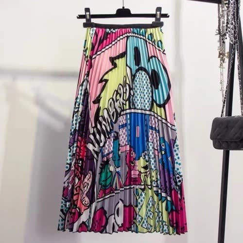 High Waist Pleated Cartoon Print A-line Mid-calf Skirt