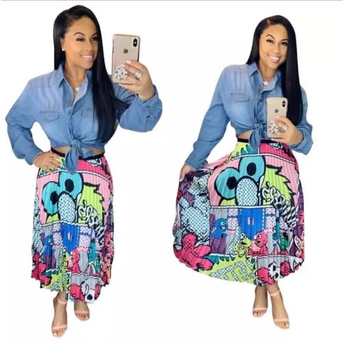 High Waist Pleated Cartoon Print A-line Mid-calf Skirt