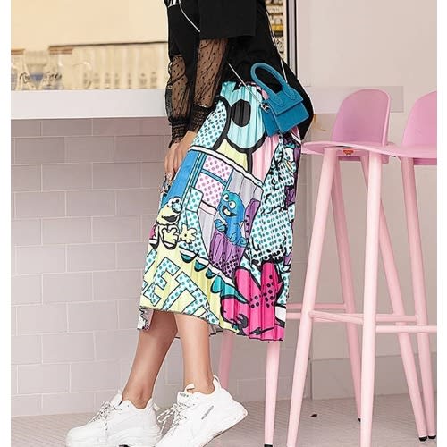 High Waist Pleated Cartoon Print A-line Mid-calf Skirt