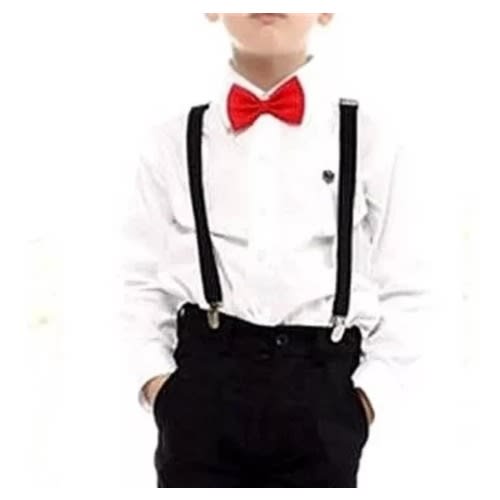 Kids Unisex Dress Shirt With Matching Bowtie And Suspender - White/red/black