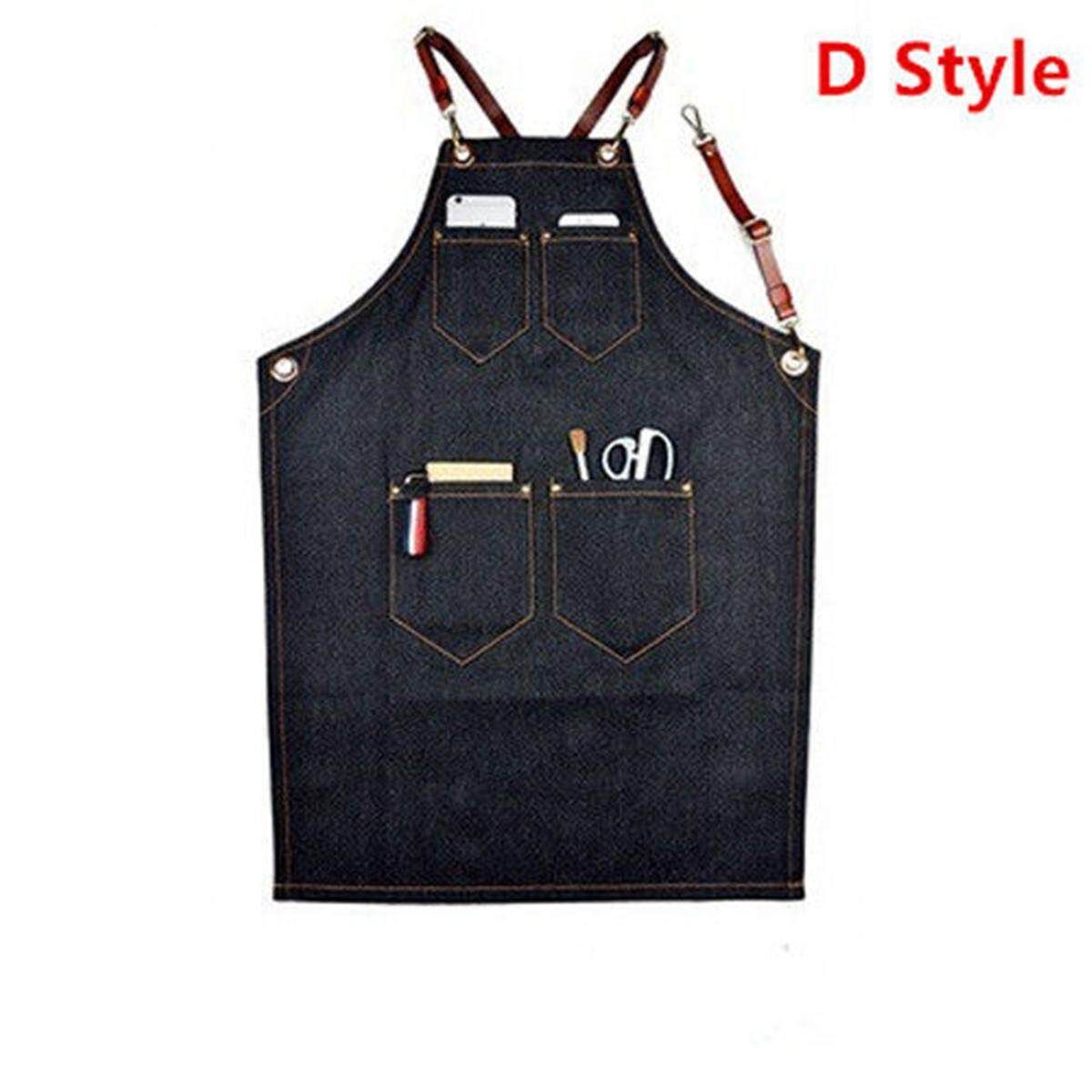 (photo)Denim Bib Apron Leather Strap Barista Baker Work Uniform Bartender BBQ Chef Cook Type D