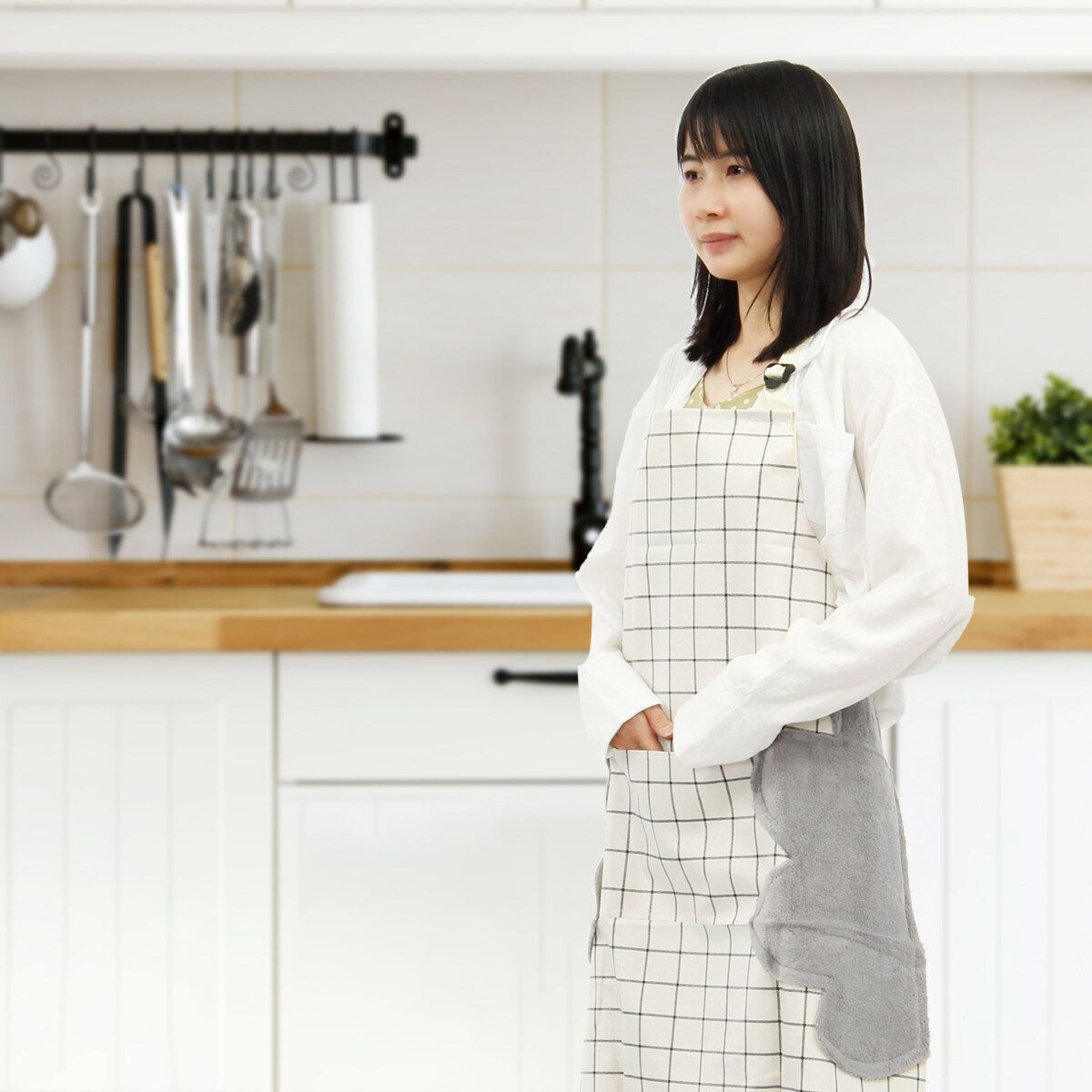 Waterproof Apron Pocket Home Kitchen Cooking Baking Chef Restaurant For Woman Antique White