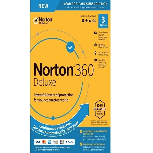 Norton 360 Deluxe, 25gb Cloud-backup, 3 Devices, 1 Year, No Subscription.