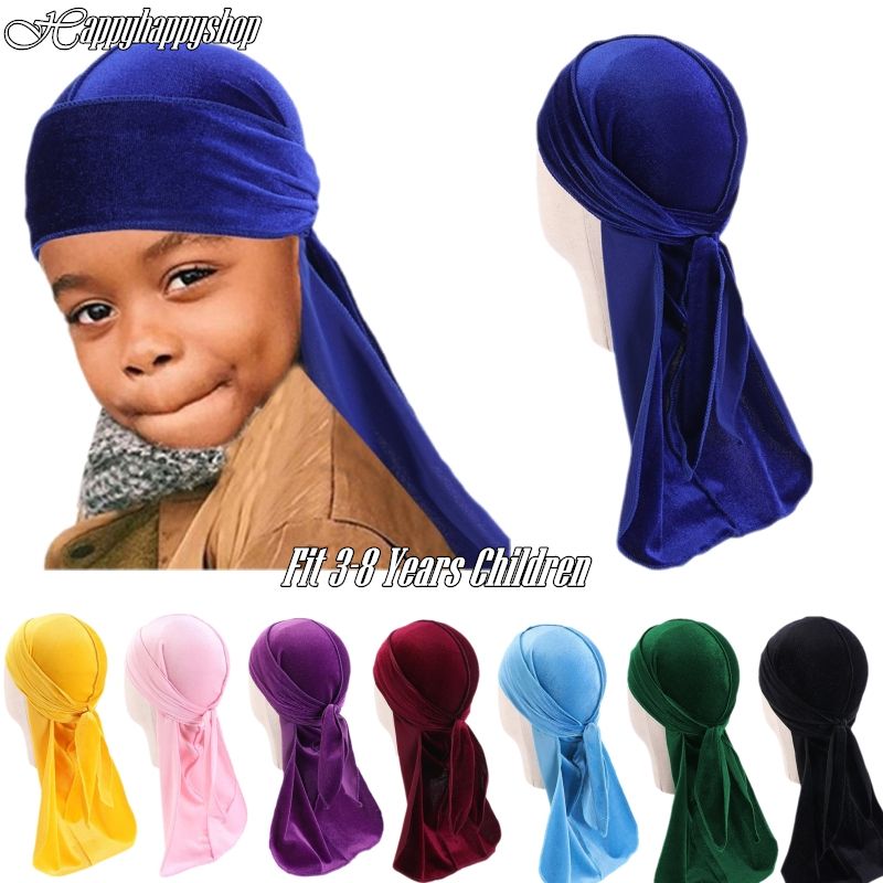 (Black)3-8 Years Unisex Kids Velvet Durags Bandana Turban Hat Doo Rag Waves Cap Headband Wraps XXA