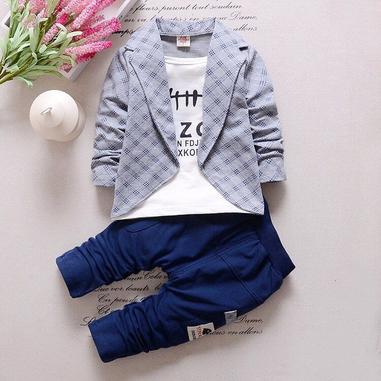 Boys Formal Clothing Kids Attire For Boy Clothes Plaid Suit Toddler Suit Set Children's Clothing  Baby Tracksuits WT(#Gray)