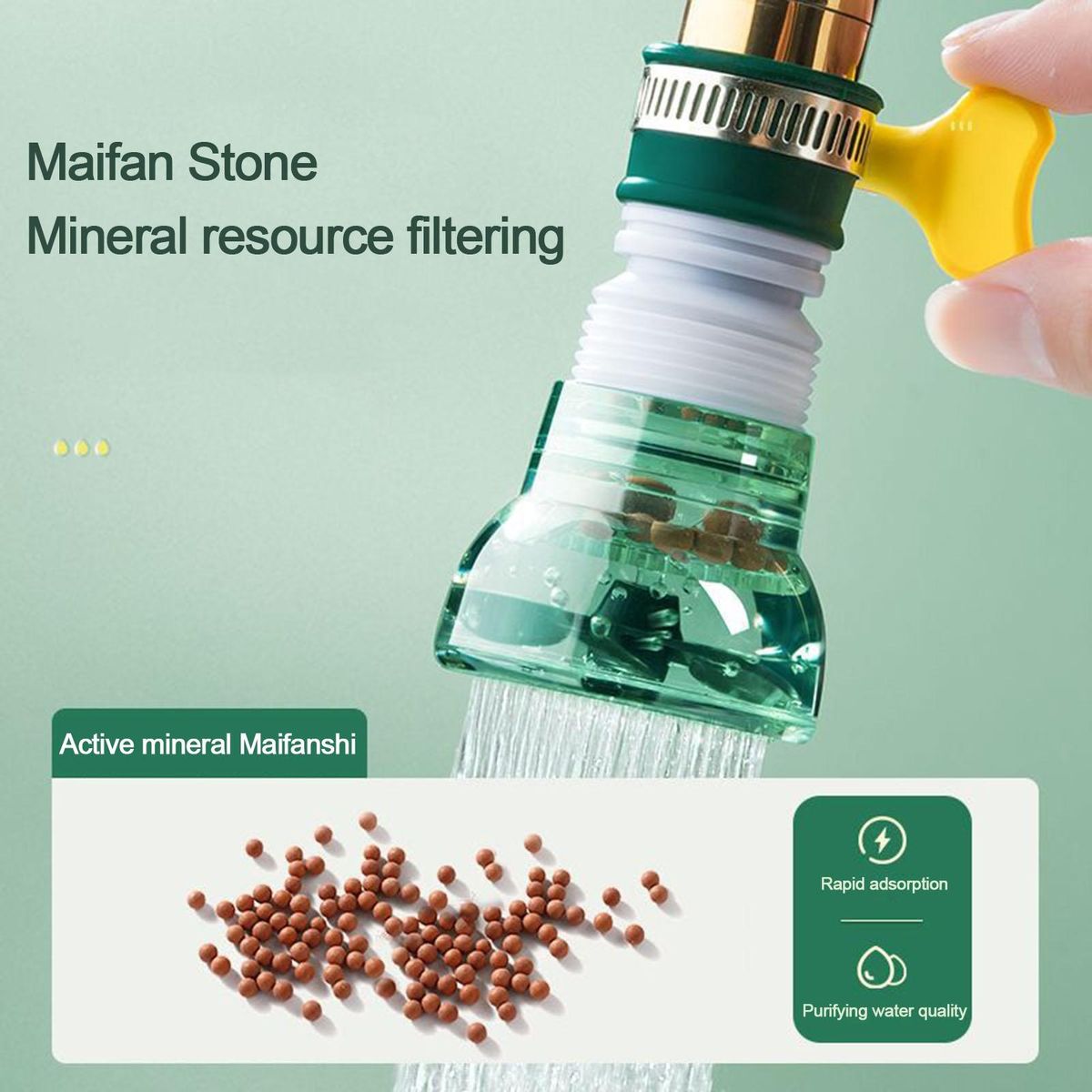 Shower Head with Medical Stone Filtration Retractable for Kitchen Green