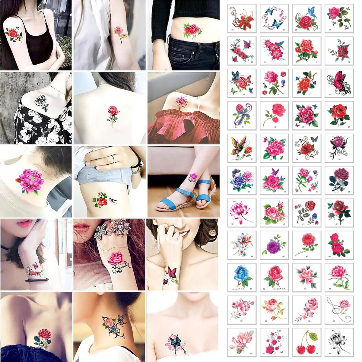 Tattoo Stickers for Collarbone 66pcs Elegant Floral Butterfly