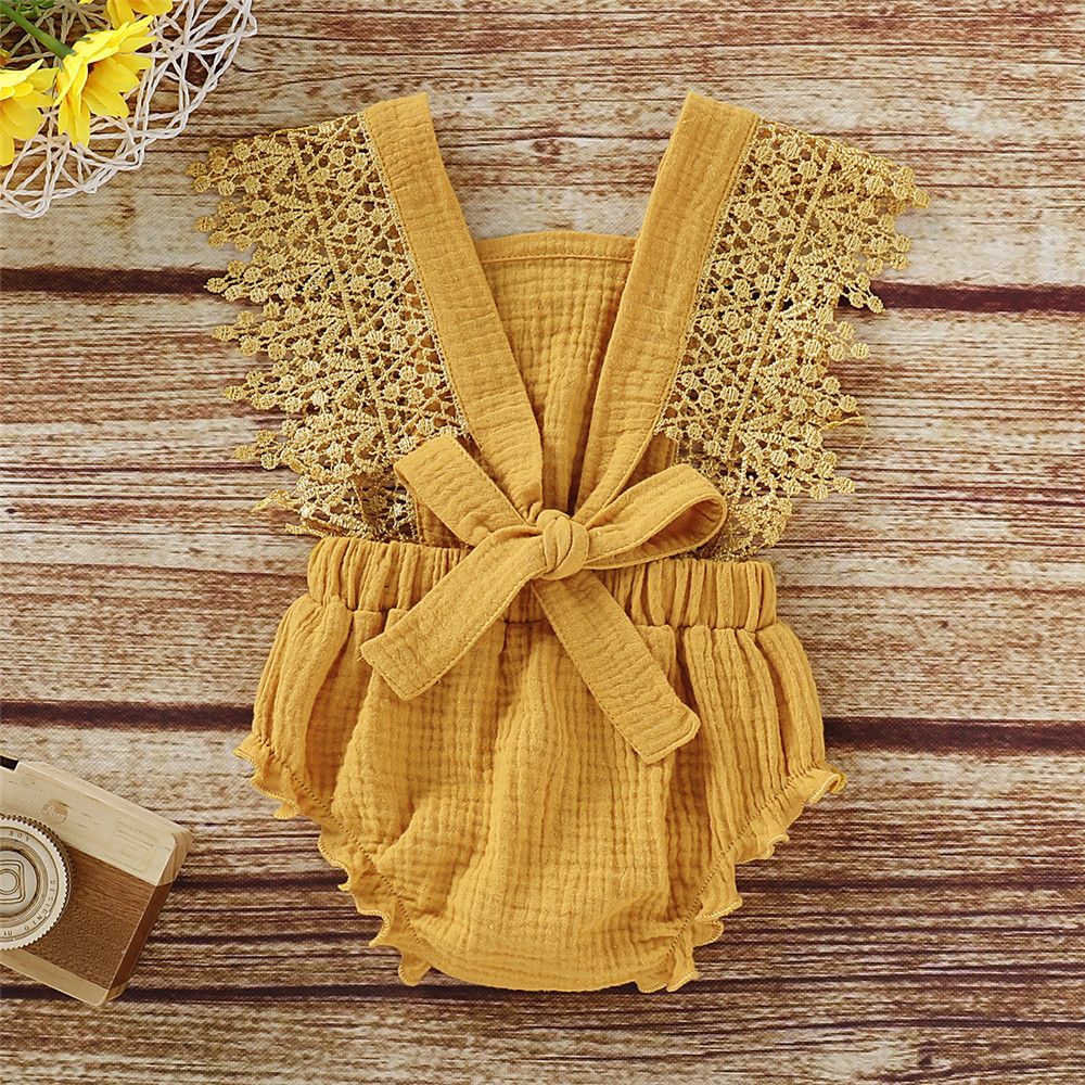 Baby Girls Yellow Lace Bodysuit Sleeveless Cotton Romper