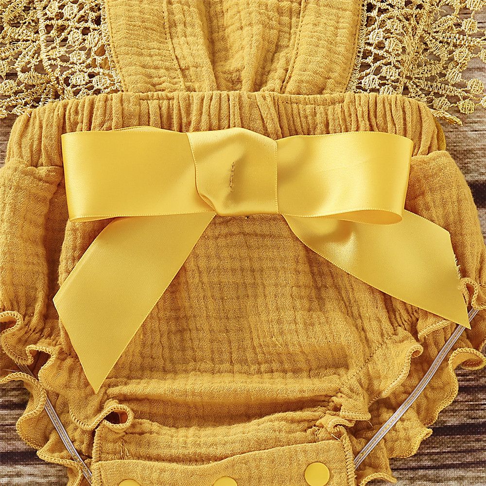 Baby Girls Yellow Lace Bodysuit Sleeveless Cotton Romper