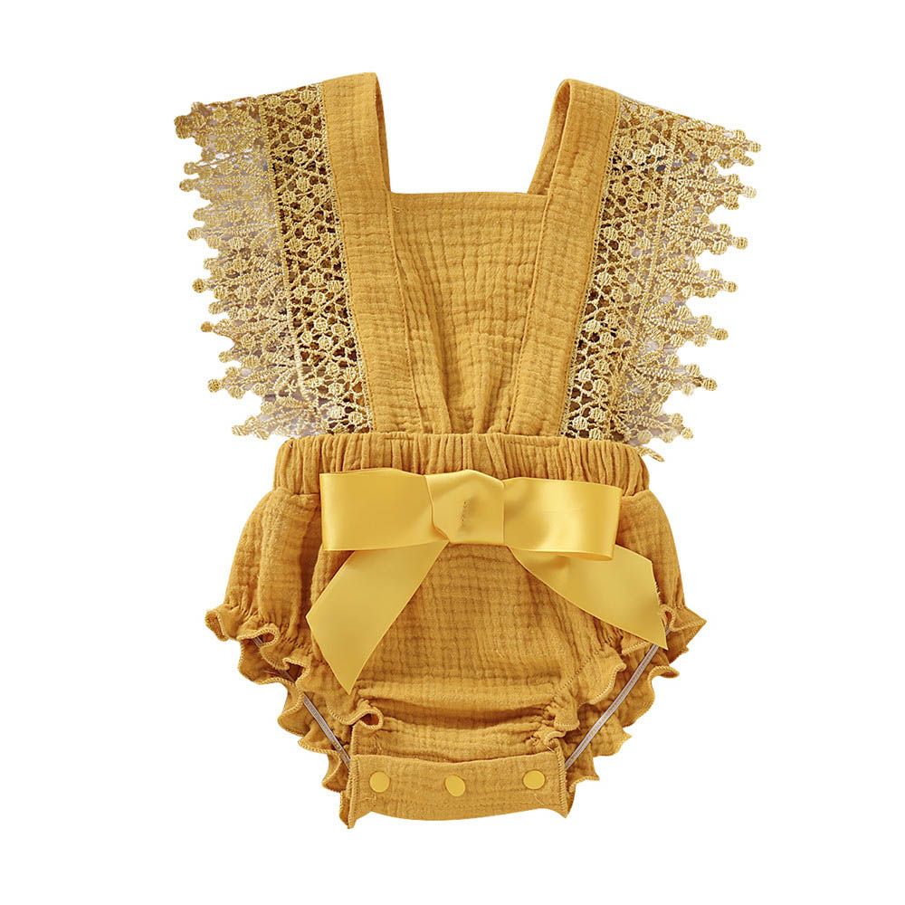 Baby Girls Yellow Lace Bodysuit Sleeveless Cotton Romper