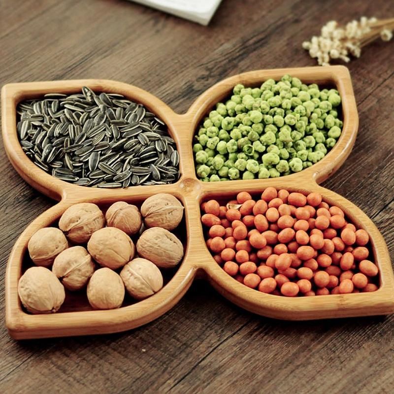 Bamboo Candy Board Fruit Nut Bowl Plate Flower Shaped Snack