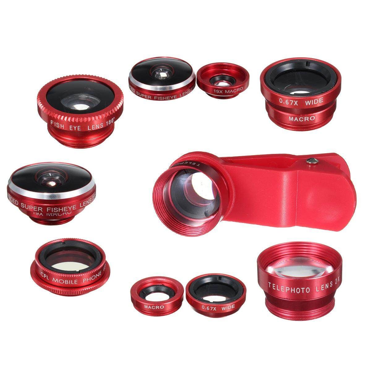 8-in-1 Super Fisheye With Wide Angle Microphone Lens Kit For Universal Cell Phones Red