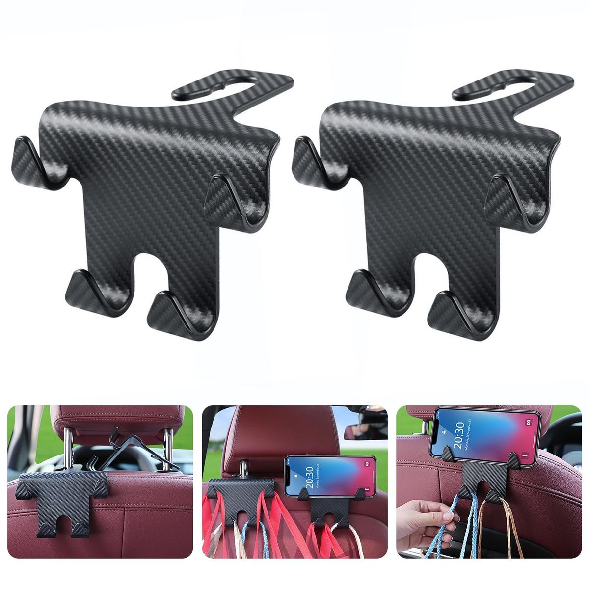Headrest Mount Hook Carbon Fiber Car Headrest Hook for Auto Black
