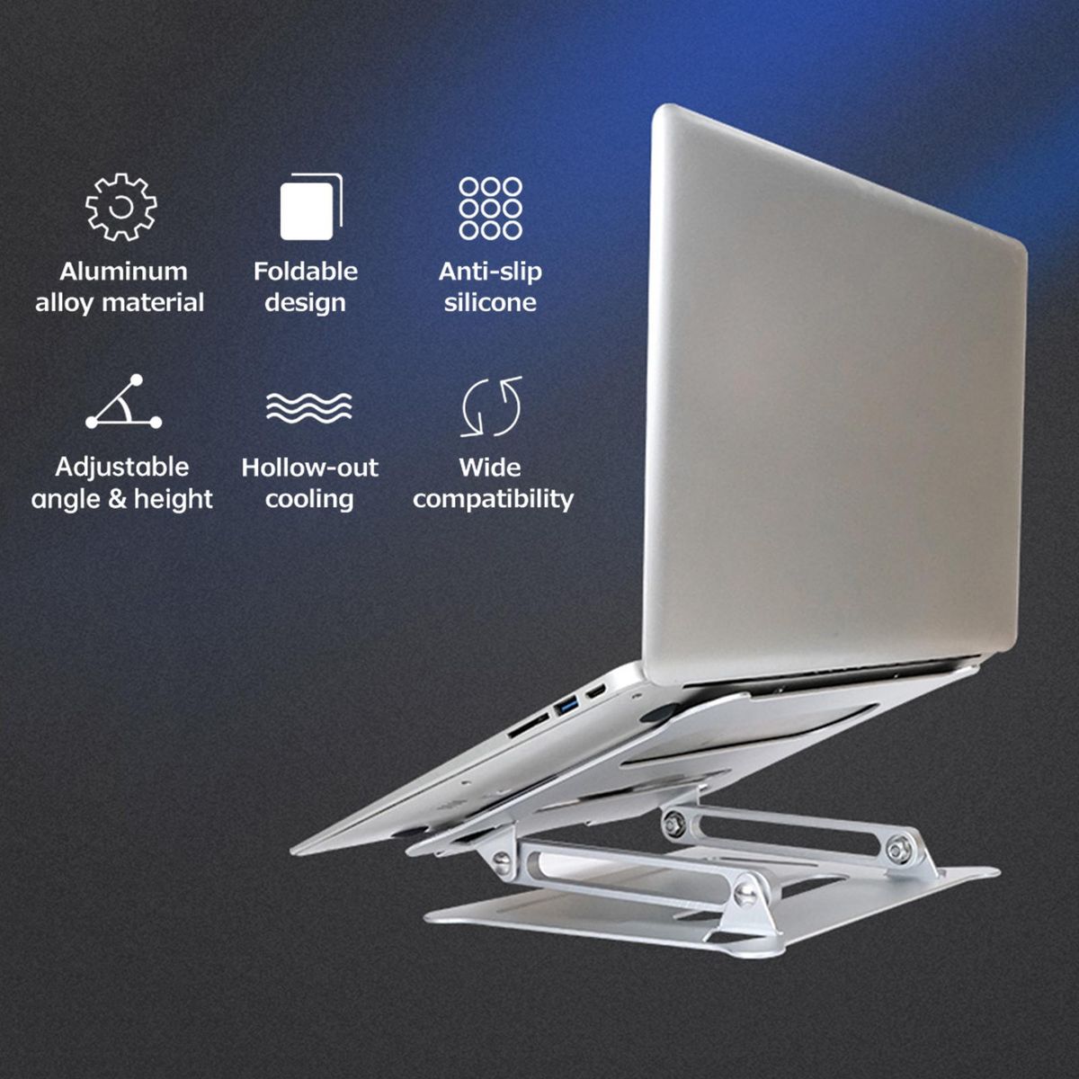 Adjustable Laptop Stand Portable Folding Aluminum Alloy Non-slip Height and Angle Adjusted Support 10''-15.6'' Laptop Tablet Bracket Riser Holder Computer Stand Silver