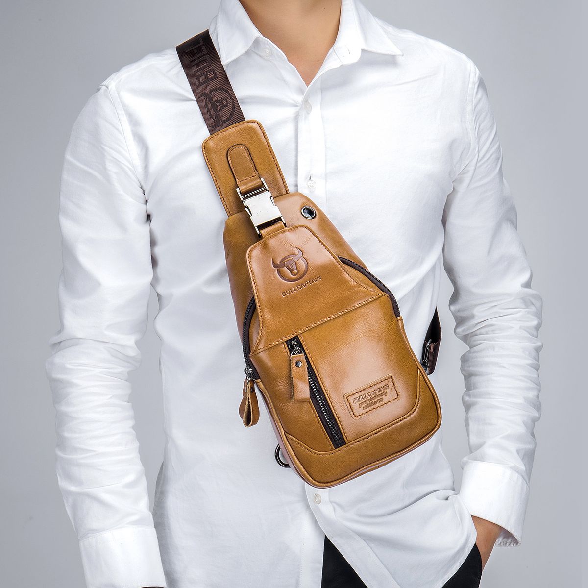 Men's Leather Sling Bag Waterproof Crossbody Pack Chest