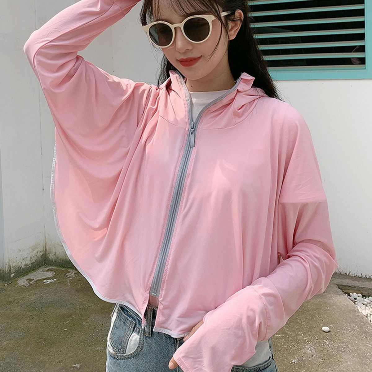 Thin Women Sun Protection Clothing Shirt Hooded Summer Full Zip Pink