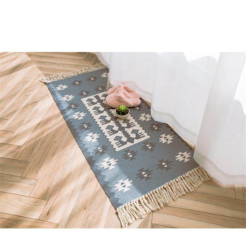 Mattress Cotton Yarn Knitting Bedside Mattress Carpet In Household Bedroom Simple Modern Mattress Kitchen Mattress Grey Blue Geometric Fringes 60x90