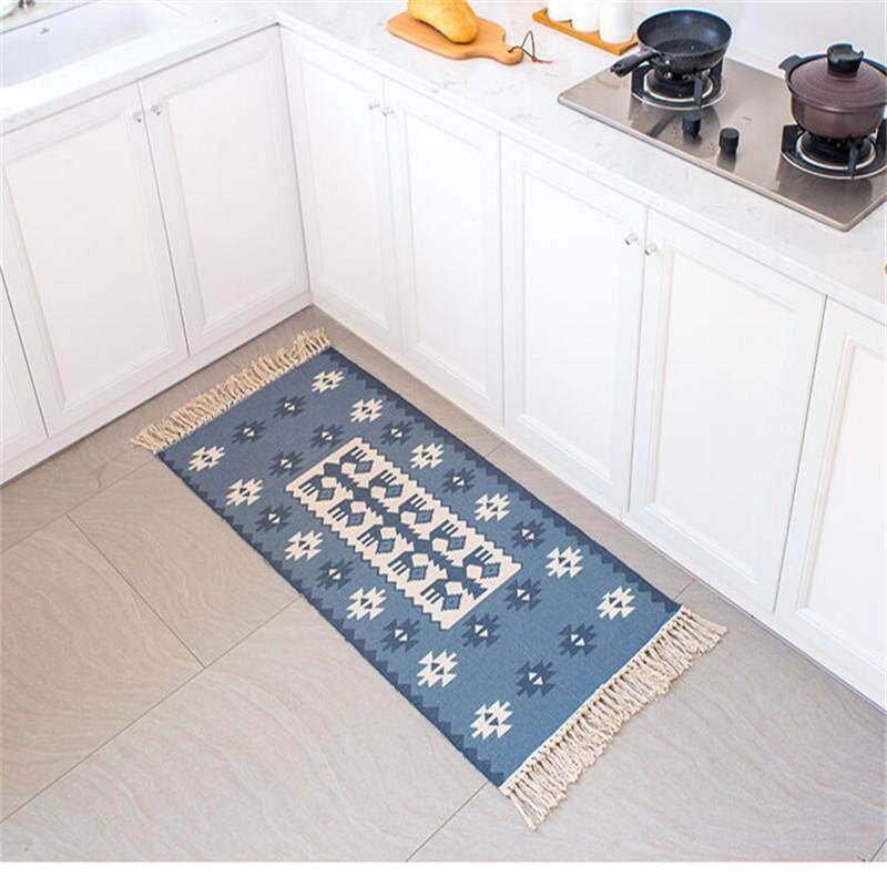Mattress Cotton Yarn Knitting Bedside Mattress Carpet In Household Bedroom Simple Modern Mattress Kitchen Mattress Grey Blue Geometric Fringes 60x90