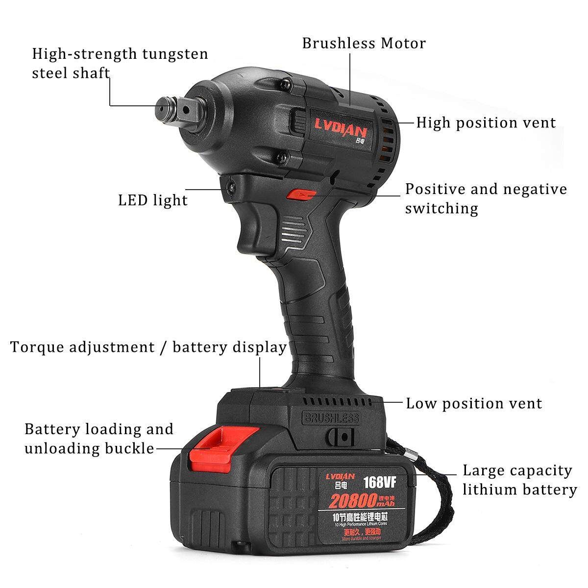 168VF 20800mAh Electric Infinitely Impact Wrench Cordless Speed Brushless Impa