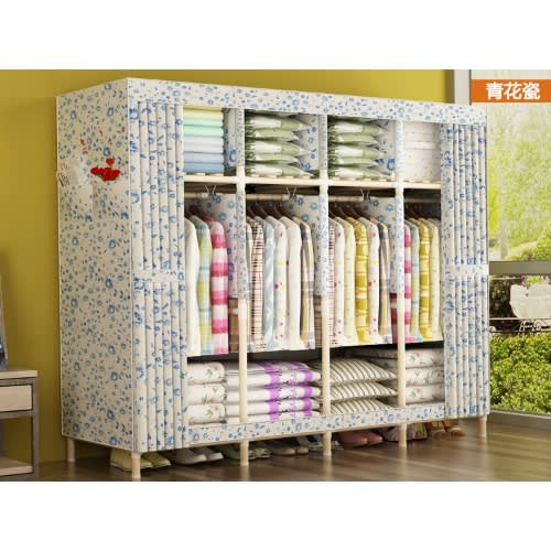 Wooden Mobile Wardrobe - 4  Column Multicompartment (white And Blue