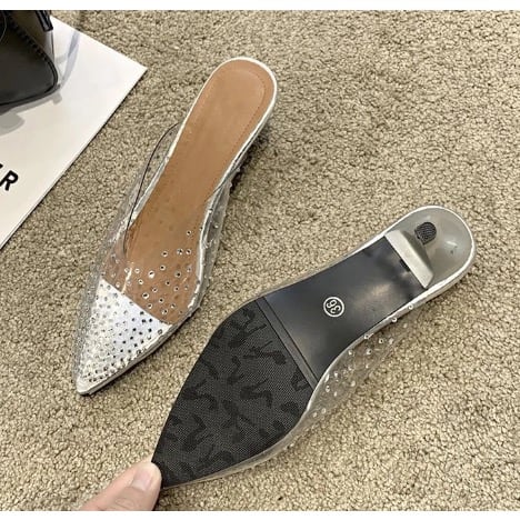 Stone Studded Pvc Low Heel Mules - Silver