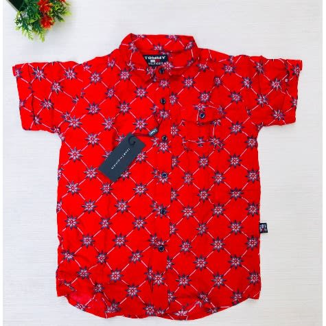Boys Short Sleeve Button Down Shirt-Red Print