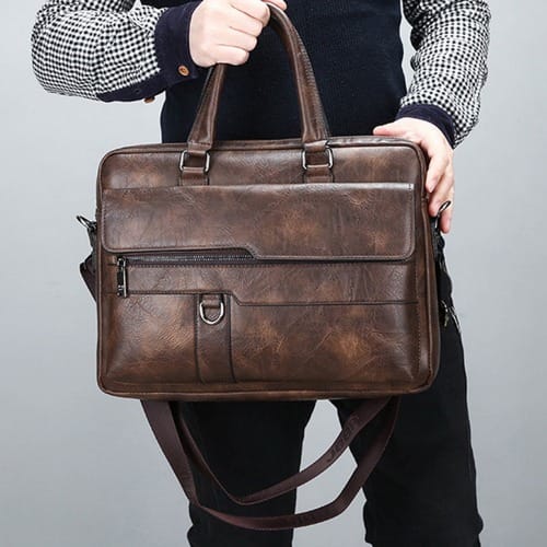 Executive Men's Leather Business Bag - Khaki - 39cm x 28cm x 14cm
