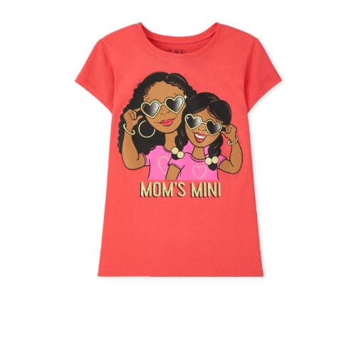 Girls Moms Mini Twinning Glitters Graphic Top- Coral