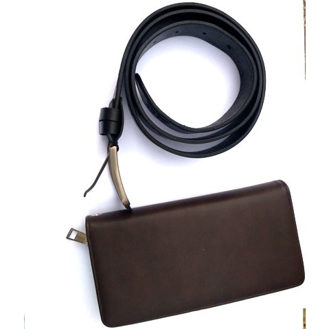 Men's  Leather Belt & Leather Clutch Bag Wallet With Zip And Wrist Strap