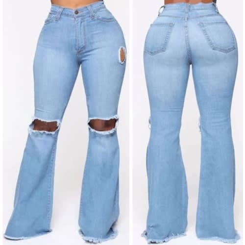 Ladies Loose Flared High Waist Ripped Jeans